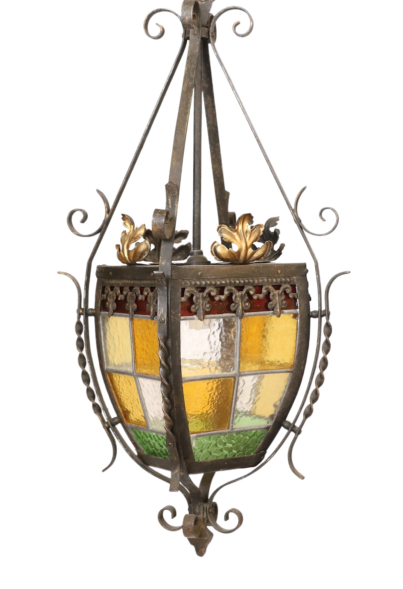 A 1940s-50s French wrought iron and stained glass hall lantern, height 60cm. width 28cm